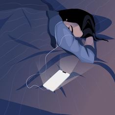 a woman laying in bed with her head on the pillow and an electronic device plugged into it