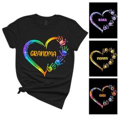 Custom Shirt - Create a unique and personalized gift for mom or grandma with the Custom Colorful Heart Hand Print Shirt. Customizable with up to 10 (grand)children's names and handprints in a heart shape. High Quality - Made from soft and breathable 100% cotton material for a comfortable and flattering fit, which is comfy and skin-friendly. High-quality printing ensures the design stays vibrant and beautiful, even after multiple washes, making it a gift that can be cherished for years to com... Heart Hand Print, Hand Print Shirt, Hand Printed Shirt, Mom Necklace Personalized, Personalised Family Tree, The Palms, Grandma Shirts, Thanksgiving Ideas, Heart Hands