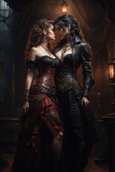 two women dressed in steampunk clothing standing next to each other