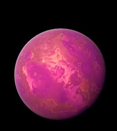 a red and pink planet with clouds on it's surface, against a black background