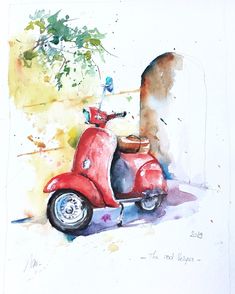 a watercolor painting of a red scooter