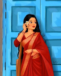 a woman in a red sari is talking on her cell phone