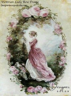 a painting of a woman in a pink dress surrounded by flowers and roses with the words, victorian lady rose frame