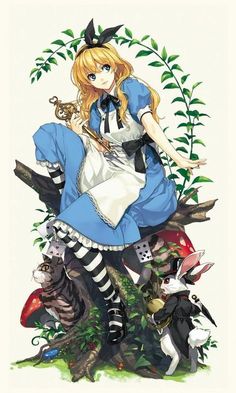 an anime character sitting on top of a tree with many other characters around her,