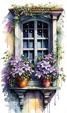 watercolor painting of an old window with potted flowers