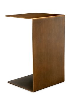 a brown table with a metal base on the top and bottom, against a white background