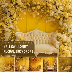 yellow luxury floral backdrops with couches and flowers in the background for photoshopping