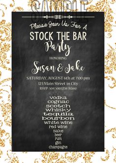 a stock the bar party with gold glitters and black chalkboard on white paper