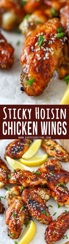 sticky hoisin chicken wings with lemon wedges