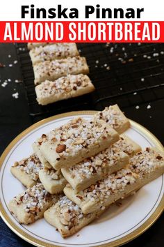 this is an image of almond shortbreads on a plate with text overlay