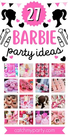 barbie party ideas for girls with pink and black decorations, including donuts, cupcakes