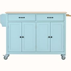 a blue kitchen cart with two drawers and a butcher block top on casteors for wheels