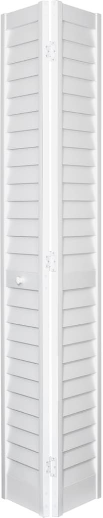 a white room divider with shutters on each side