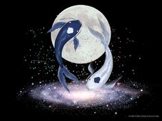 two blue and white fish in front of a full moon with stars on the ground