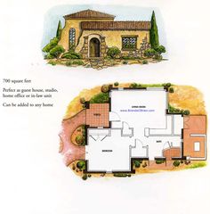 two plans for a house with an attached garage and one bedroom, the other has a large