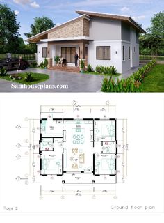 two story house plan with three bedroom and one bathroom in the middle, surrounded by landscaping