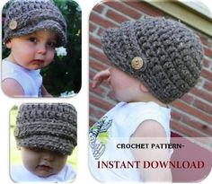 a little boy wearing a crocheted hat with buttons on the front and back