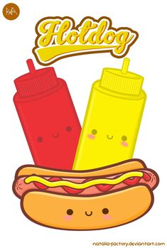 a hot dog with ketchup and mustard on it next to a bottle of mustard