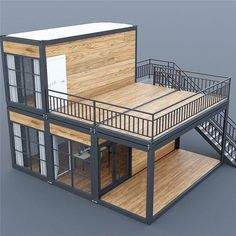 a model of a house with wooden floors and metal railings on the second floor