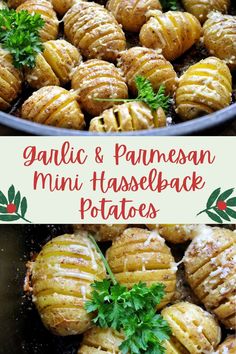 garlic and parmesan mini hasselback potatoes in a pan with parsley on top