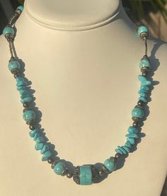 This is a beautiful Turquoise Colored Gemstone Necklace, I would imagine it is some type of dyed howlite or magnesite but I'm not sure Exactly what it is but it has the definite appearance of turquoise. The necklace has the full length measurement of 22.75 inches long with the adjustability of about 2.5 inches. Please see photos for approximate sizes and further details. Turquoise Necklace With Gemstone Beads For Healing, Southwestern Turquoise Gemstone Beads Necklace, Spiritual Turquoise Beaded Necklaces With Gemstone Beads, Bohemian Turquoise Howlite Beaded Necklace, Bohemian Turquoise Howlite Necklace, Spiritual Turquoise Gemstone Beaded Necklaces, Turquoise Necklace With Natural Round Beads, Turquoise Beaded Necklaces For Healing, Adjustable Polished Turquoise Bead Necklace