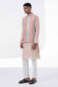 Pink floral printed chanderi kurta with threadwork placket. Comes with pant. - Aza Fashions Spring Chanderi Bandhgala Straight Kurta, Spring Bandhgala Chanderi Straight Kurta, Diwali Printed Chanderi Nehru Jacket, Diwali Chanderi Nehru Jacket With Printed Motifs, Diwali Nehru Jacket With Printed Motifs In Chanderi, Festive Chanderi Sherwani With Printed Motifs, Spring Handloom Chanderi Kurta, Spring Festive Bandhgala With Printed Motifs, Festive Spring Bandhgala With Printed Motifs