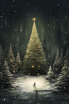 a painting of a person standing in front of a christmas tree with lights on it