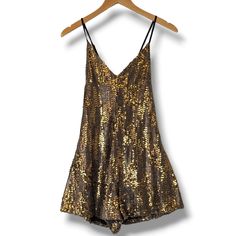 Bronze Metallic Sequin Covered To Romper Criss Cross Back Adjustable Spaghetti Straps Exposed Silver Back Zipper Fully Lined Stretchy 15.5" Pit To Pit 29" Long 14" Waist 20" Hips Will Ship Asap Gold Jumpsuits And Rompers For Summer Night Out, Gold Fitted Jumpsuits And Rompers For Summer, Sleeveless Gold Jumpsuits And Rompers For Summer, Fitted Gold Jumpsuits And Rompers For Summer, Rompers Dressy, Crochet Romper, Polka Dot Jumpsuit, Sequin Rompers, Cropped Jumpsuit