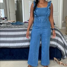 Bdg Denim Jumpsuit. Zips On Side. Very Stretchy. Size S. Nwt Medium Wash Overalls For Day Out, Denim Overalls For Day Out, Chic High Rise Cotton Denim Jumpsuit, Medium Wash Denim Overall Jumpsuit For Day Out, Chic High-rise Cotton Denim Jumpsuit, Chic Denim Overalls For Day Out, Chic Medium Wash Cotton Overalls, Blue Fitted Denim Jumpsuit For Day Out, Fitted Blue Denim Jumpsuit For Day Out