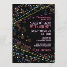 a black and white party flyer with colorful confetti sprinkles on it