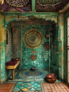 an ornate bathroom with green and blue tiles on the walls, flooring and ceiling