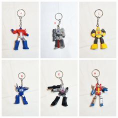 six different types of keychains that have been made to look like legos