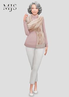 a woman wearing white pants and a pink sweater is standing in front of a gray background