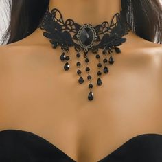 Gothic Multilayer Black Crystal Black Lace Necklace Club Decor Neck Jewelry This Crystal Tassel Pendant Choker Is Made Of High Quality Alloy And Soft Lace Adjustable Length-- The Lace Wide Tie Cravat Necklace Was Designed With Extension Chain, You Can Adjust It According To Your Neck Circumference Great Gift-- Vintage Lace Tattoo Choker Necklace, Stylish And Chic, It's A Good Choice For Halloween, Valentine's Day, Birthdays, Anniversary, Christmas, Thanksgiving Or Graduation We Use Stock Photos Vintage Lace Tattoo, Dark Sorceress, Black Lace Necklace, Tattoo Choker Necklace, Victorian Gothic Style, Rose Gold Chain Necklace, Club Decor, Lace Choker Necklace, Crystal Lace