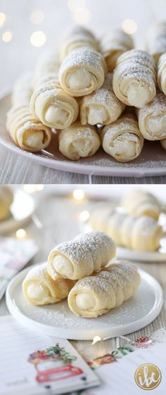 there are several different types of pastries on the plate and in the middle one is filled with powdered sugar