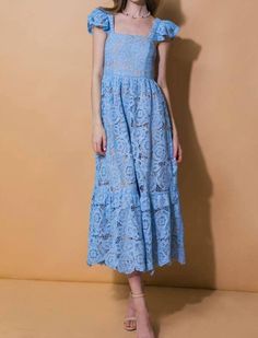 Chic Lace Midi Dress With Square Neck, Lace Midi Dress With Square Neck, Lace Maxi Dress With Ruffles And Short Sleeves, Short Sleeve Lace Maxi Dress With Ruffles, Spring Lace Dress With Square Neck, Chic Spring Lace Dress With Square Neck, Spring Square Neck Lace Dress, Chic Lace Dress With Square Neck For Spring, Square Neck Lace Dress For Spring