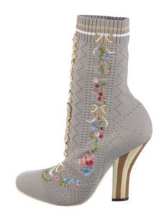 Fendi Ankle Sock BootsGreyFloral PrintSquare-Toes with Embroidered AccentDesigner Fit: Boots by Fendi typically run a half size small. Sock Ankle Boots, Grey Booties, Blue Boots, Shoes Boots Ankle, Grey Boots, Lace Up Booties, Boots Ankle, Lace Up Ankle Boots, Mid Calf Boots