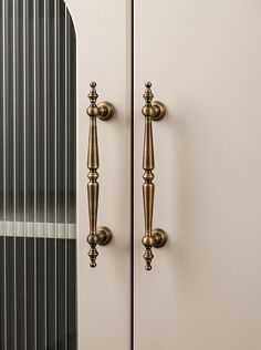 two brass handles on a white cabinet with vertical striped wall behind it and door in the background