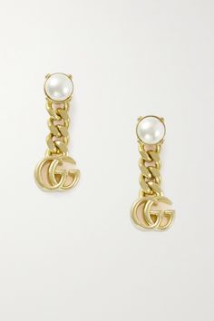 Gucci's earrings are made from gold-tone metal with glossy faux pearl posts and chunky chain links anchored by the house's signature 'GG' motif. Wear yours day or night. Gucci Pearl Earrings, Gucci Earrings, Faux Pearl Earrings, Chain Links, Fashion Jewelry Earrings, Gold Gold, Cute Earrings, Gold Tone Metal, Net A Porter