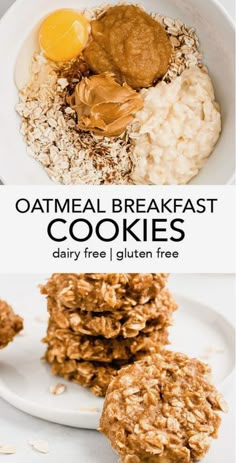 oatmeal breakfast cookies are stacked on top of each other in a white bowl