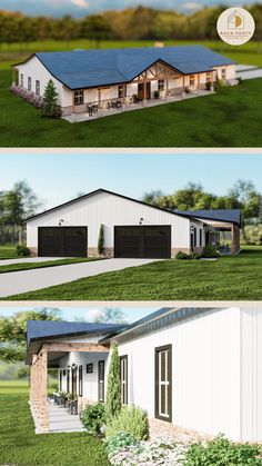 three different views of a house in the grass