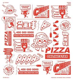 a red and white poster with pizza related items