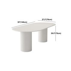 a white table with measurements for the top and bottom, shown in front of a white background