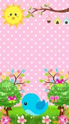 a pink background with trees and birds in the foreground is an illustration of a blue bird sitting on a tree branch