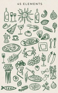 a poster with different types of food and drinks on it's back cover, which reads 45 elements