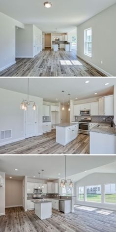 three different views of a kitchen, dining room and living room in an open floor plan