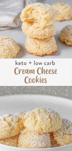 keto and low carb cream cheese cookies stacked on top of each other in a white bowl