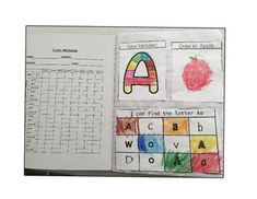 an open book with pictures of letters, numbers and shapes in it's pages