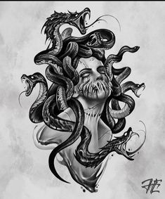 a black and white drawing of a woman with snakes on her head