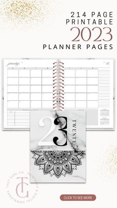 the printable planner pages are shown with gold glitters and black numbers on them